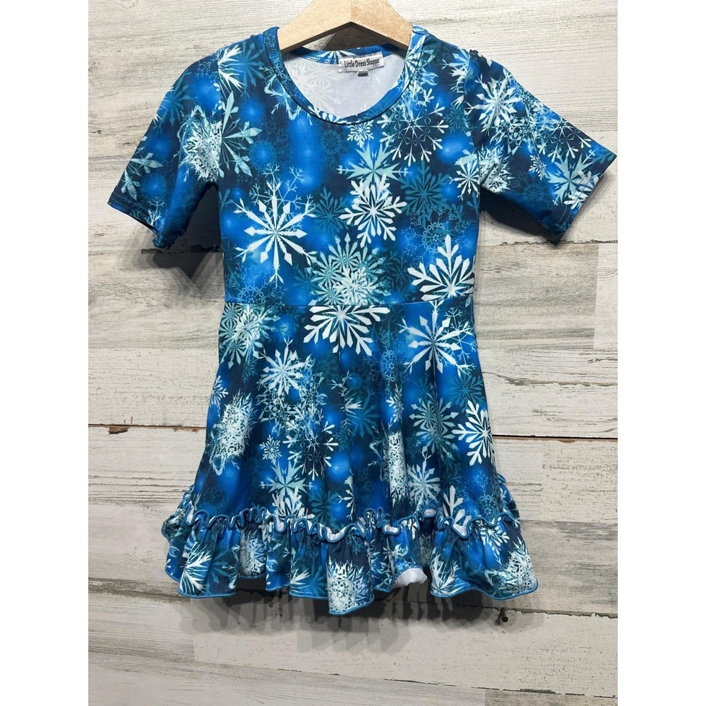 Little Dress Shoppe Skater Dress Girls 2 Blue Snowflake Ruffle Winter EUC